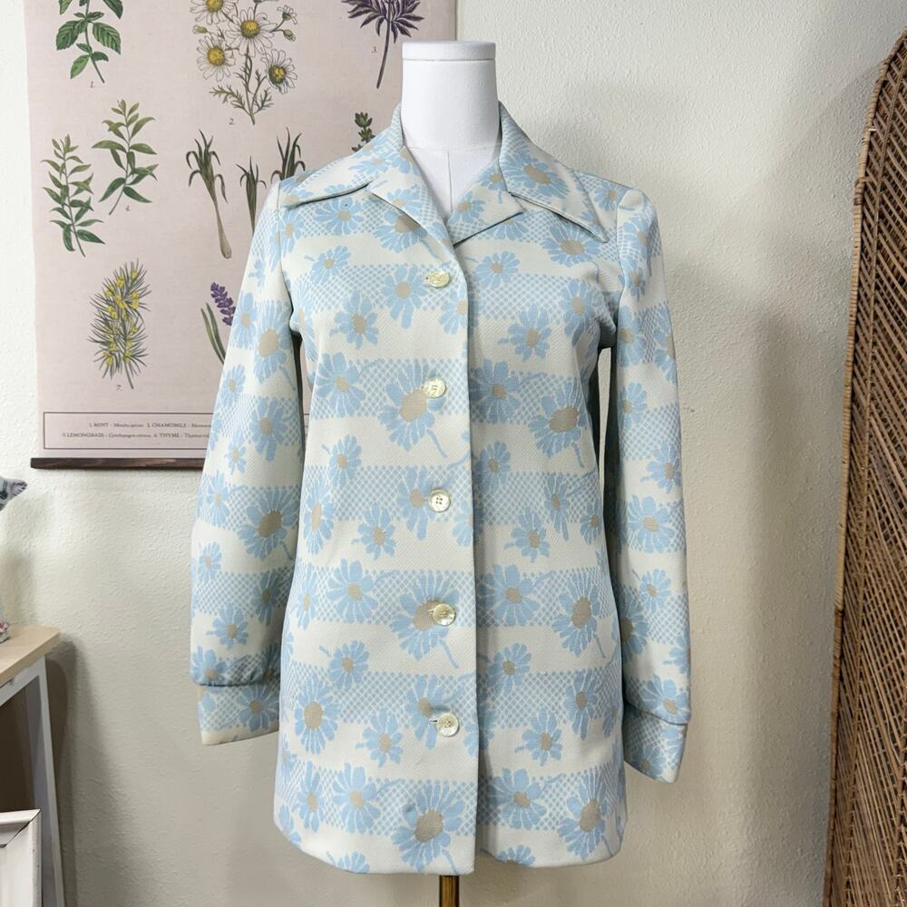 Vintage 60s 70s Blue Floral Daisy Lightweight Jacket Retro Mod Coquette Hippie M